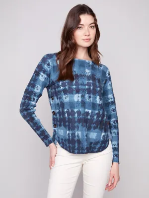 Printed Boat Neck Sweater With Side Buttons - Shadow Knit Look Cozy Design