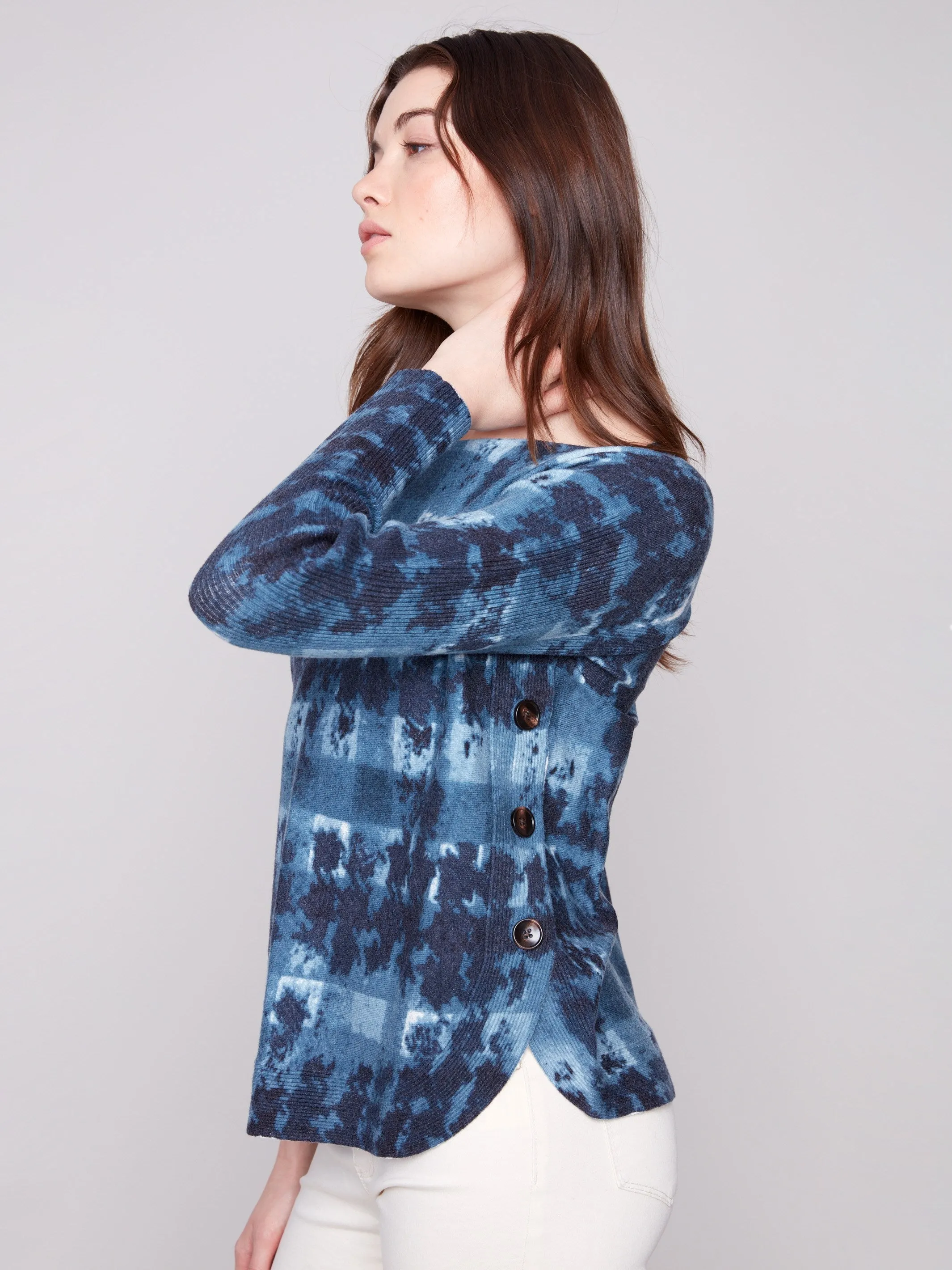 Printed Boat Neck Sweater With Side Buttons - Shadow Functional Fashion