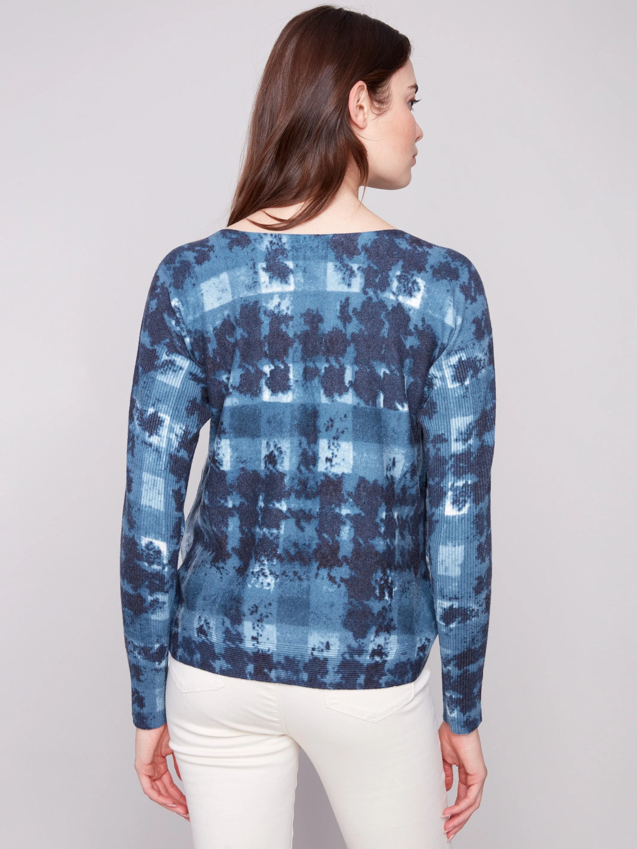 Printed Boat Neck Sweater With Side Buttons - Shadow Comfy And Warm