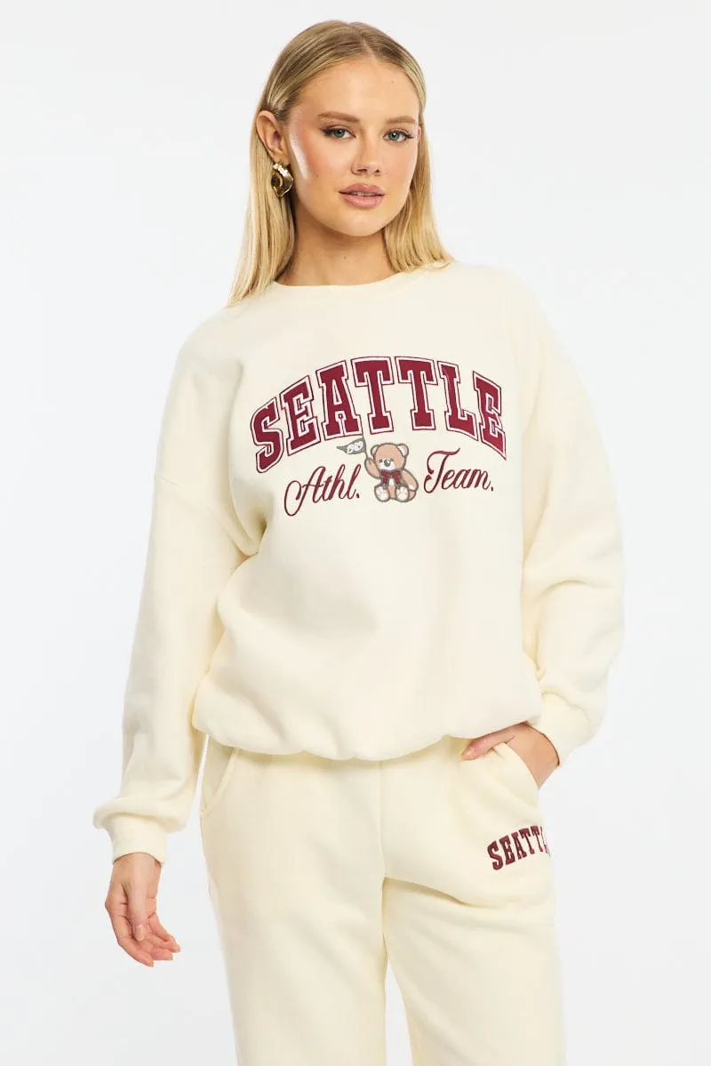 White Graphic Sweater Long Sleeve Modern Chic