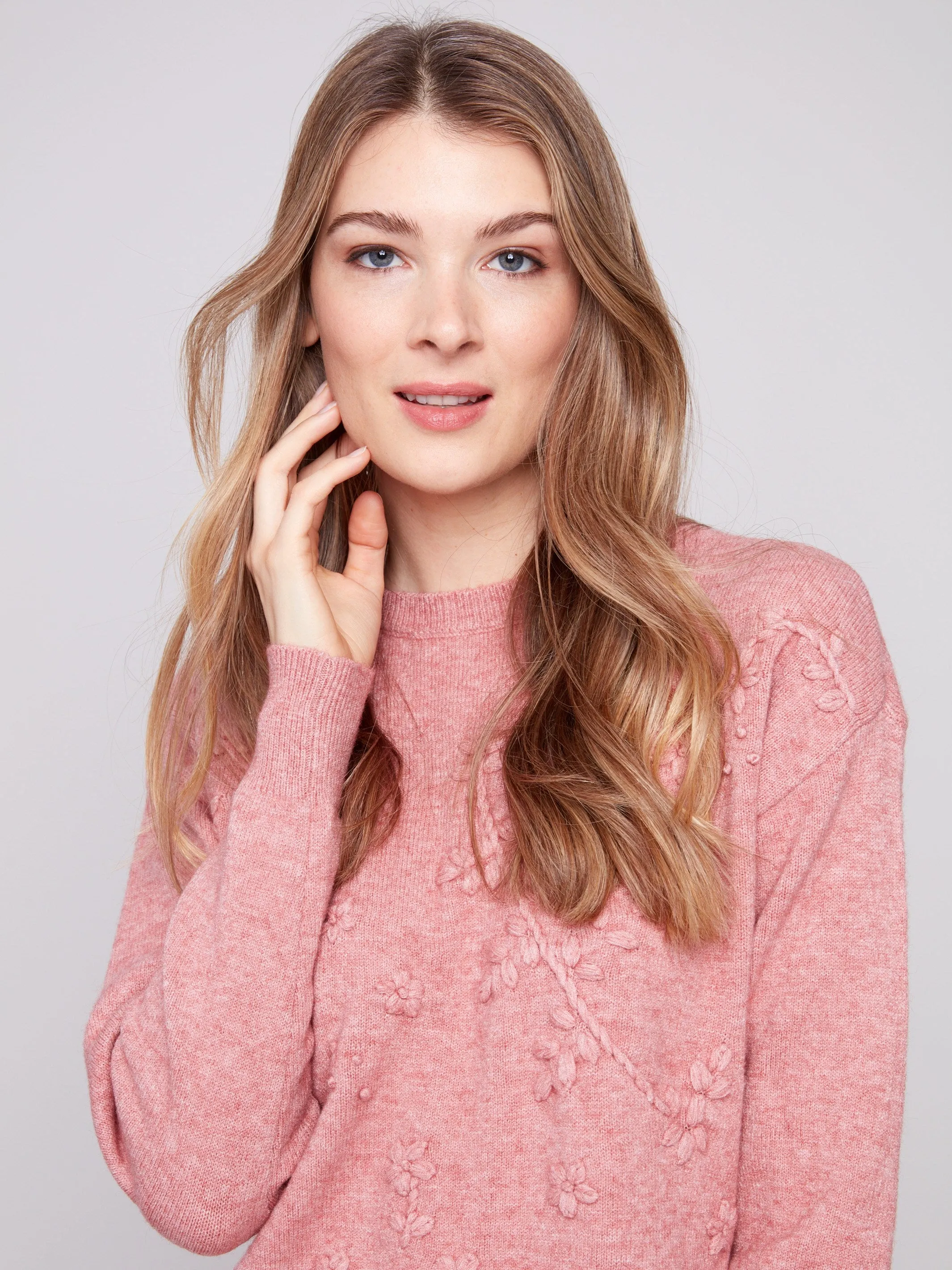 Crew Neck Sweater with Tonal Embroidery - Heather Primrose Timeless Style Cozy Choice