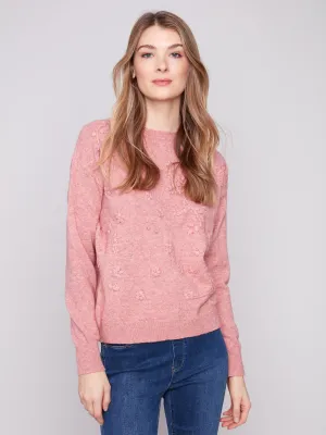 Seasonal Layering Cozy Knit Look Crew Neck Sweater with Tonal Embroidery - Heather Primrose