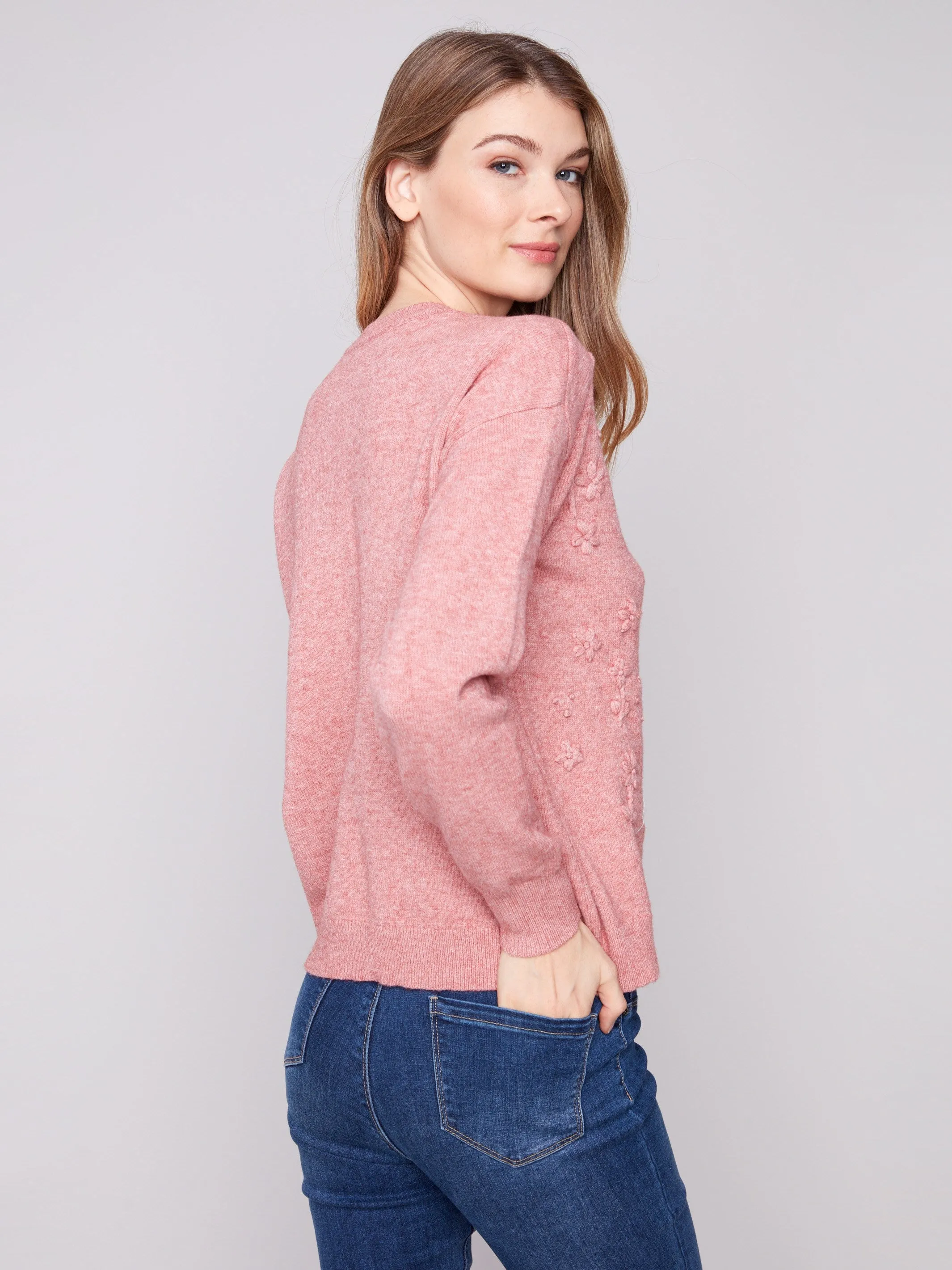 Snuggly Comfort Crew Neck Sweater with Tonal Embroidery - Heather Primrose