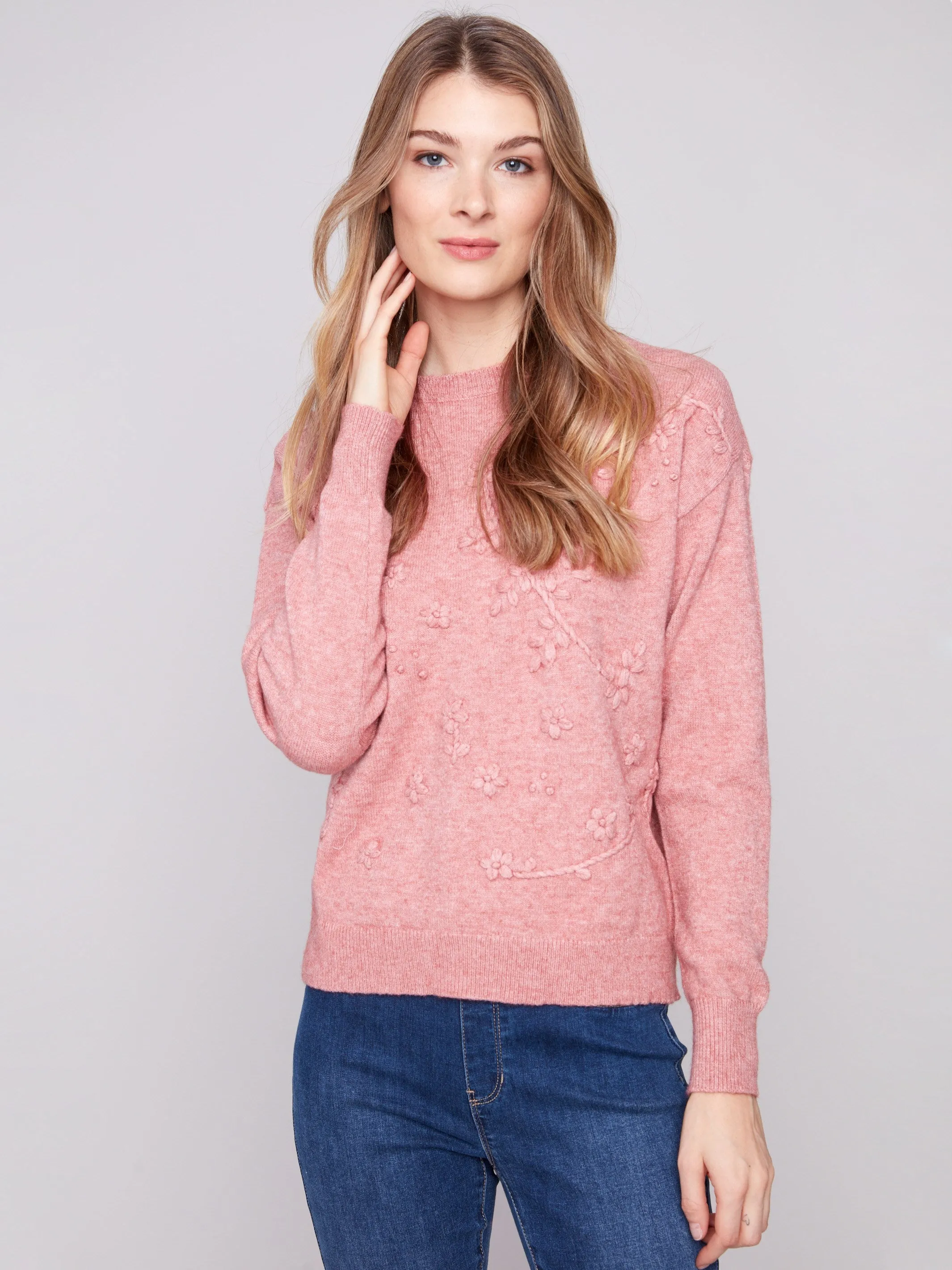 Crew Neck Sweater with Tonal Embroidery - Heather Primrose Casual Knit Wear Comfortable knit piece