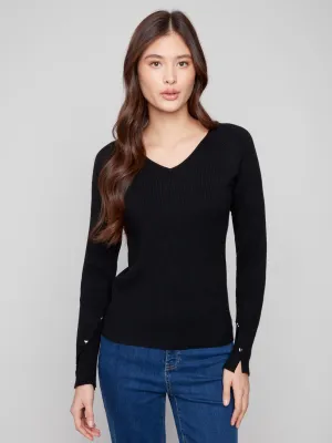 Quick Wear Ribbed V-Neck Sweater With Heart Rivets - Black