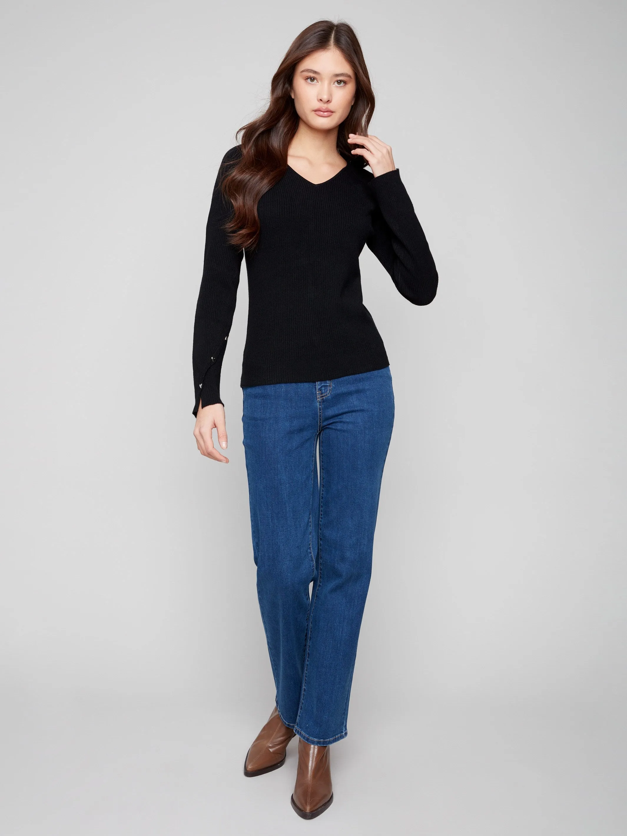 Ribbed V-Neck Sweater With Heart Rivets - Black Sophisticated Layers