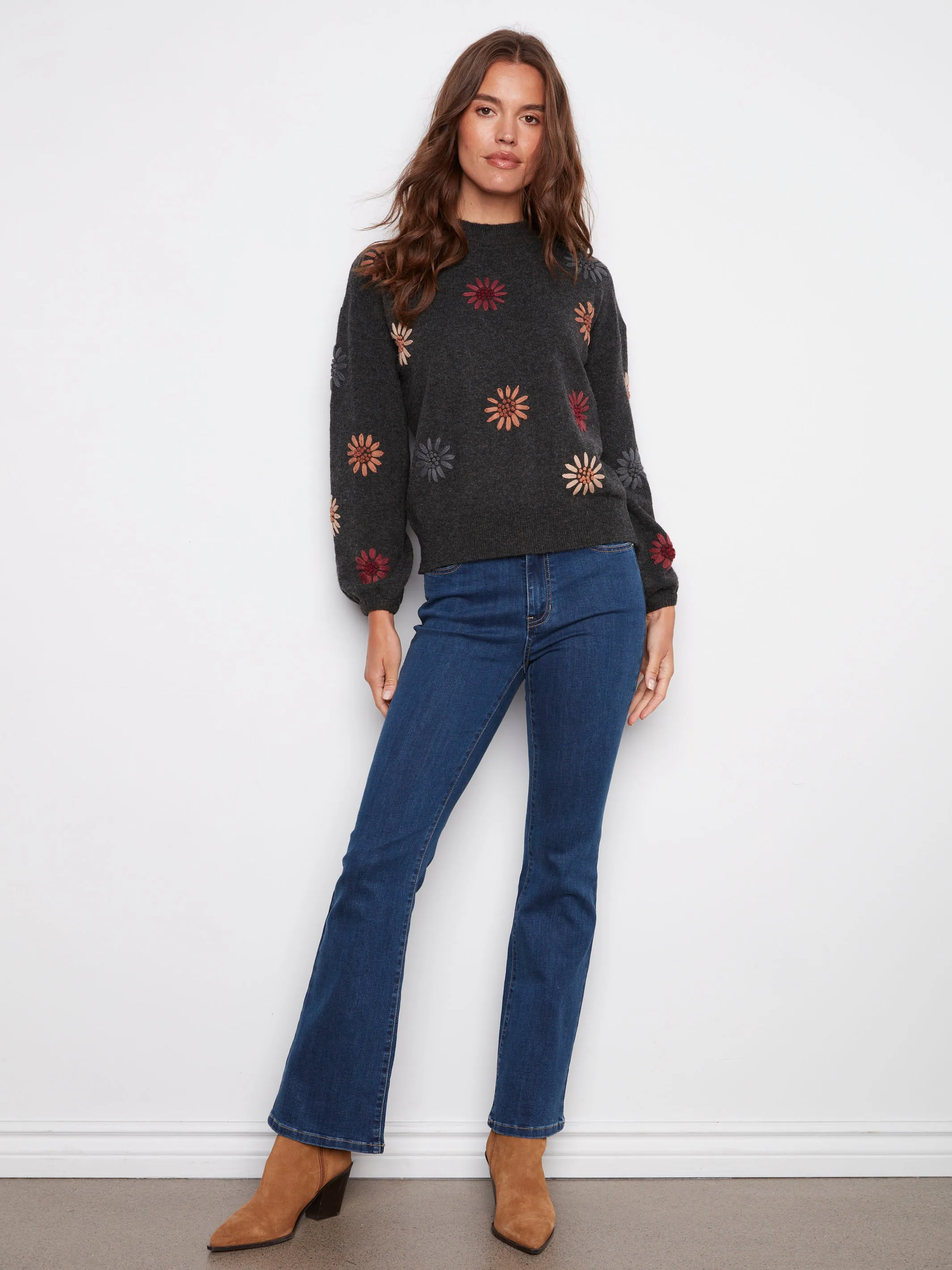 Cozy Knit Fit Relaxed Wearable Mock Neck Sweater With Floral Embroidery - Heather Charcoal