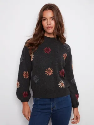 Mock Neck Sweater With Floral Embroidery - Heather Charcoal Comfortable Choice Trendy Appeal