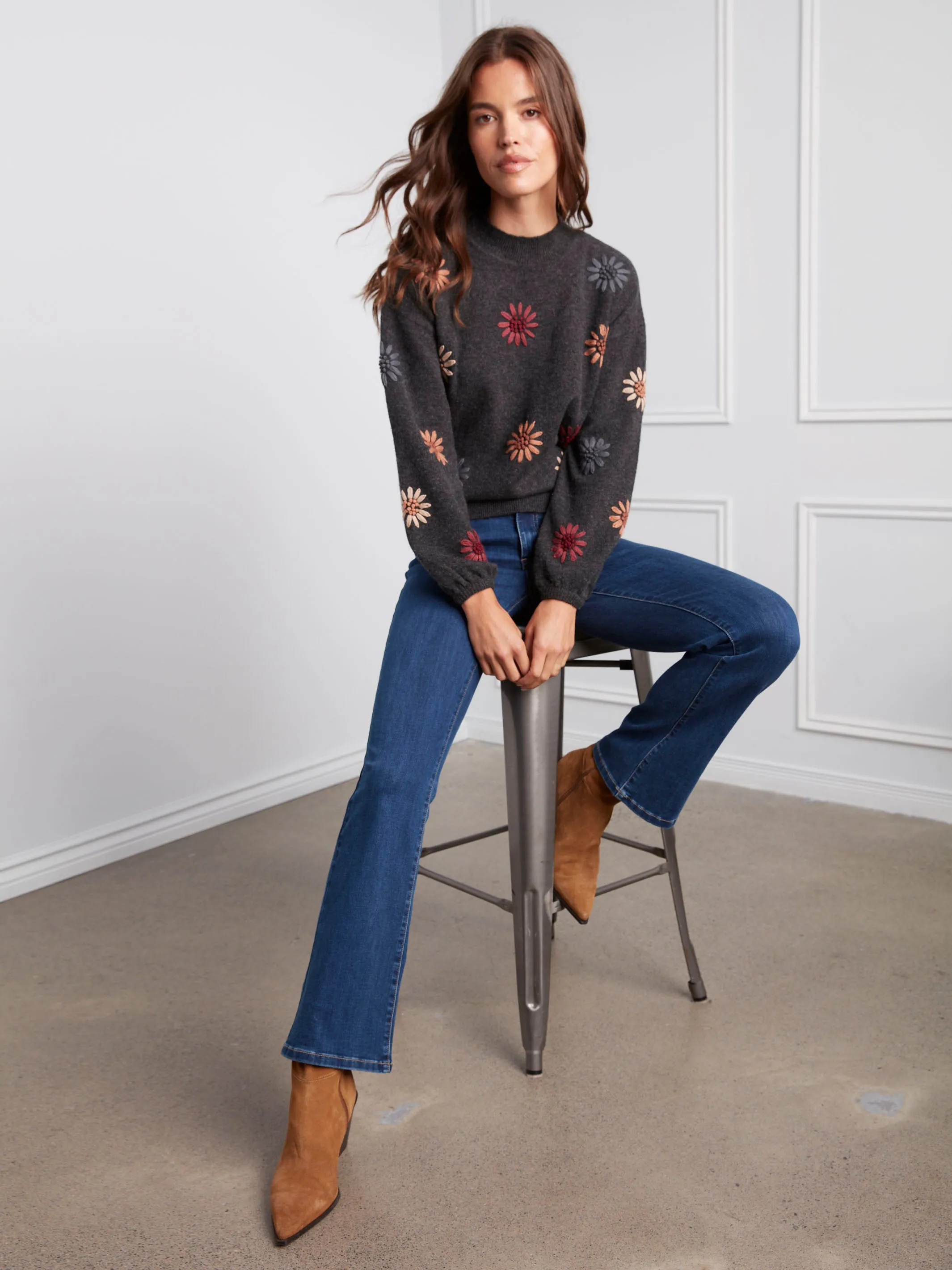 Street Style Mock Neck Sweater With Floral Embroidery - Heather Charcoal