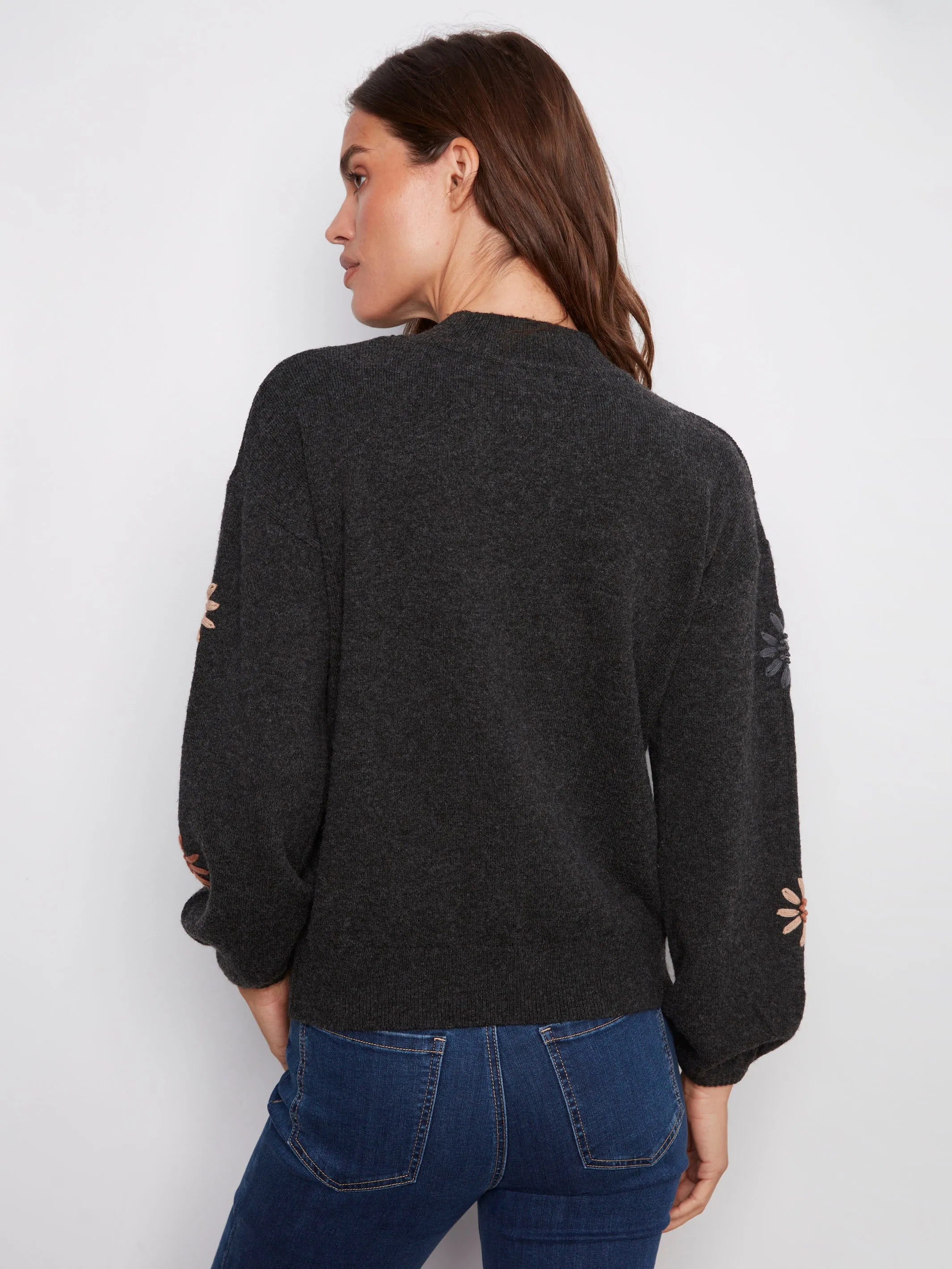 Everyday Wear Mock Neck Sweater With Floral Embroidery - Heather Charcoal