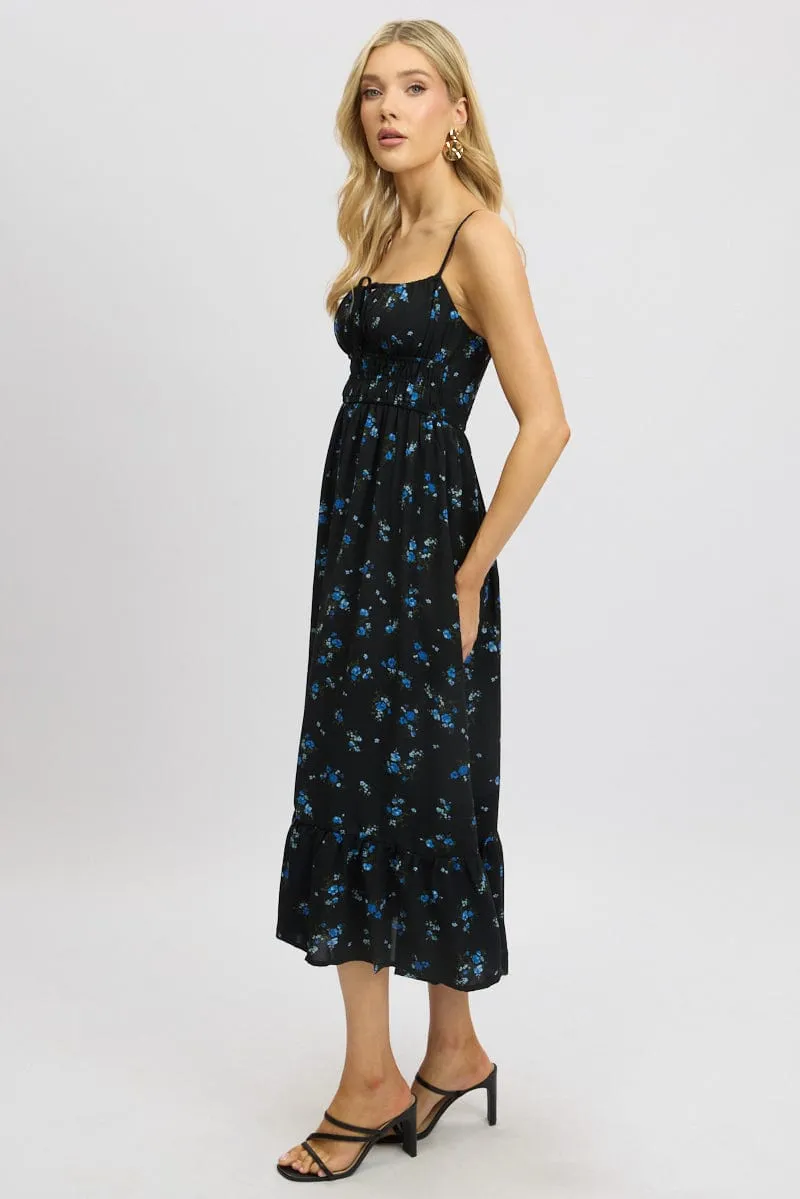 Flattering Outfit Black Floral Midi Dress Tiered Strappy