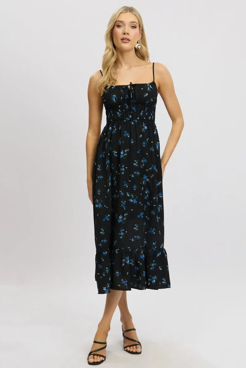 Black Floral Midi Dress Tiered Strappy Fashion-forward piece for evening