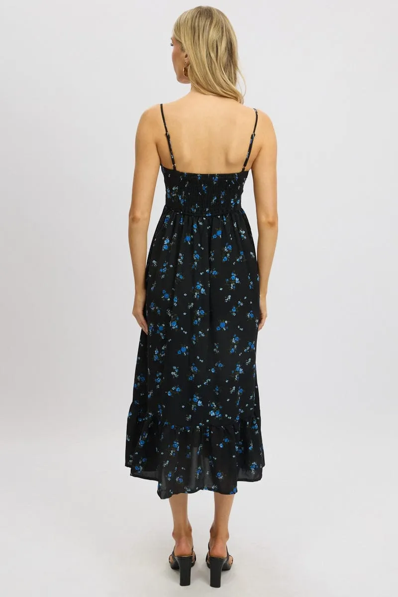 Black Floral Midi Dress Tiered Strappy Glass Glow