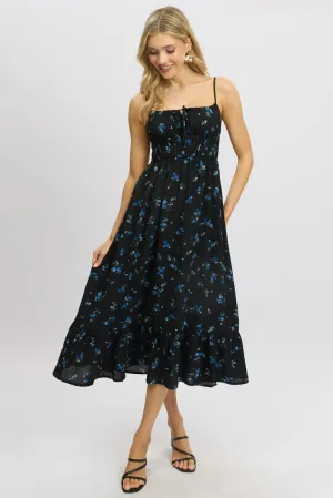 Black Floral Midi Dress Tiered Strappy Classic Woman