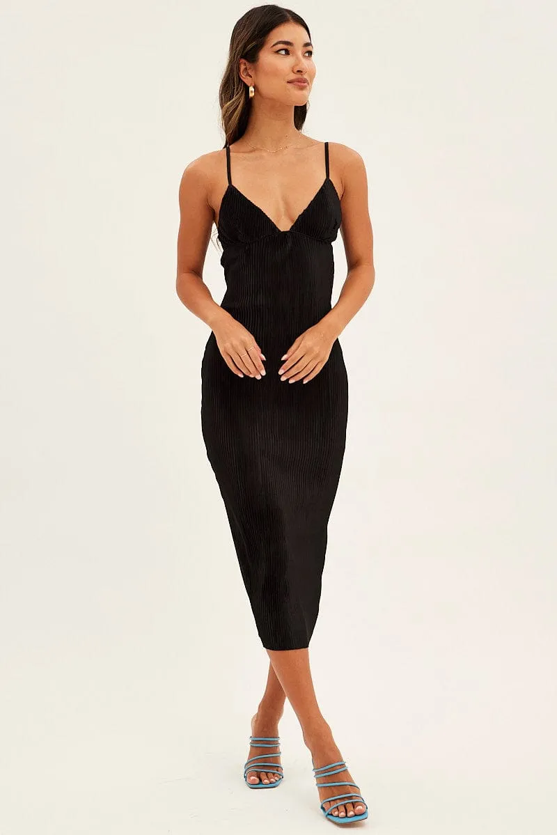 Low Maintenance Grand Entry Black Slip Dress Midi Plisse Satin