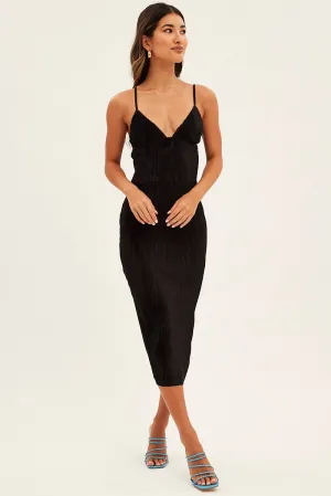 Low Maintenance Grand Entry Black Slip Dress Midi Plisse Satin
