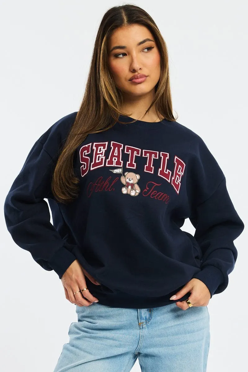 Fresh Bold Blue Graphic Sweater Long Sleeve