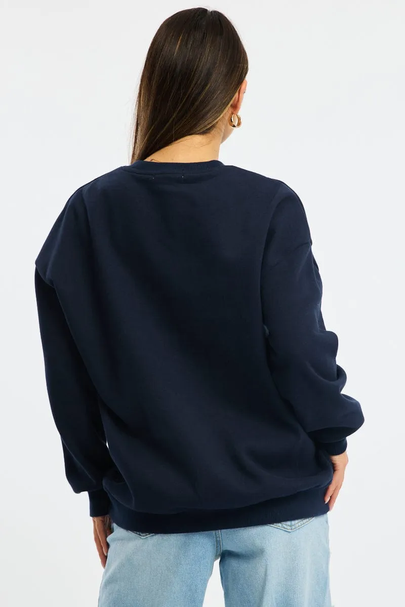 Blue Graphic Sweater Long Sleeve Relaxed Fit Hoodie