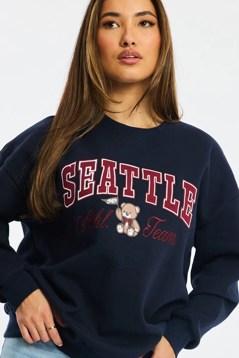 Street-Ready Look Blue Graphic Sweater Long Sleeve