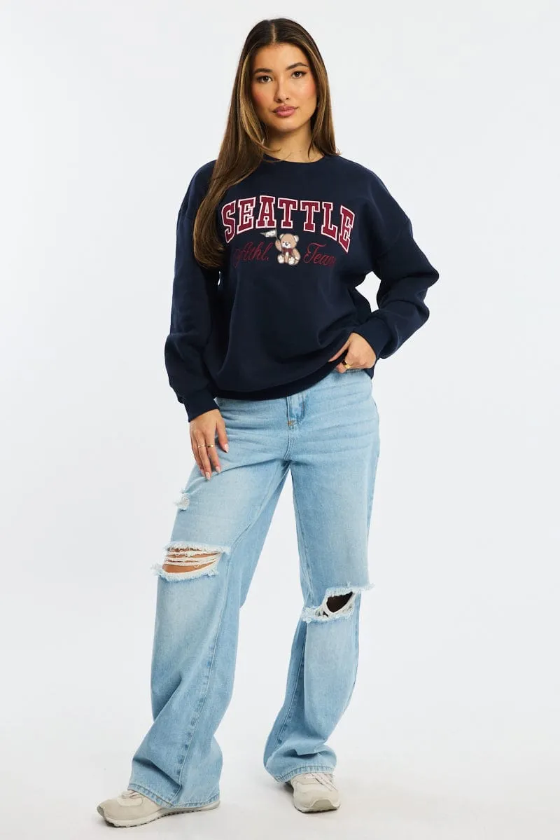 Blue Graphic Sweater Long Sleeve Classic Layer snap buttoned