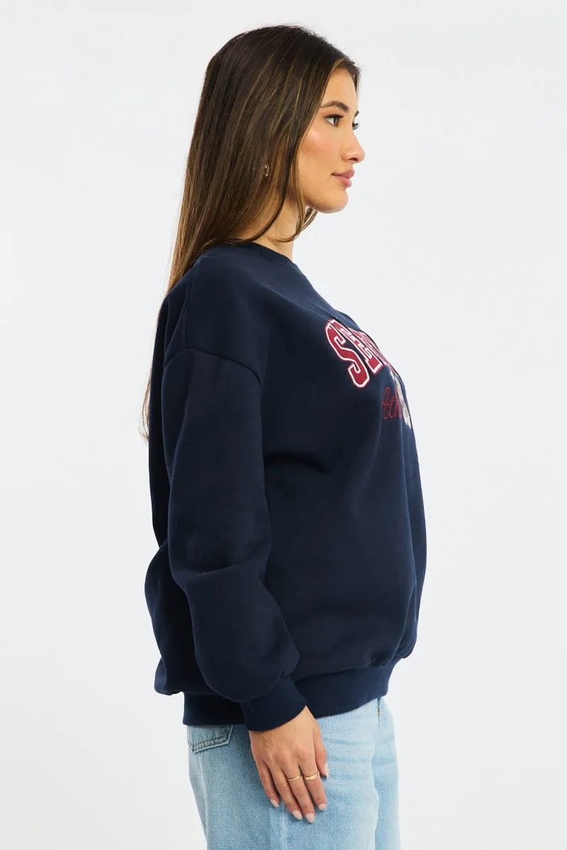 Anti Pilling Logo Design Blue Graphic Sweater Long Sleeve