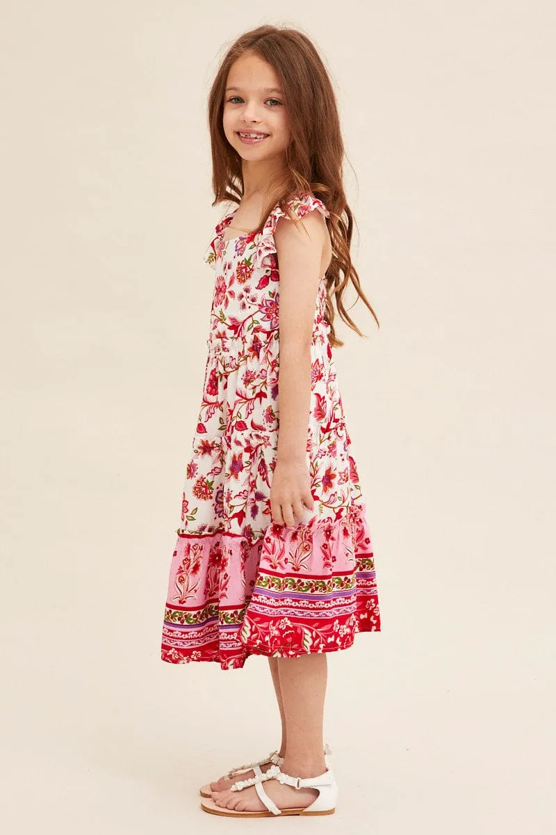 Pink Boho Kids Midi Dress Tiered Versatile Wardrobe Comfortable formal midi