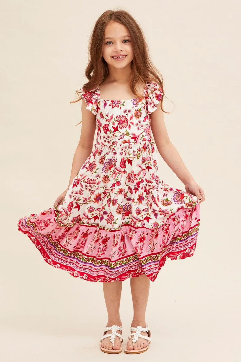 Pink Boho Kids Midi Dress Tiered Fashionable Fit