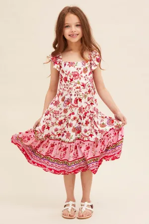 Pink Boho Kids Midi Dress Tiered Fashionable Fit