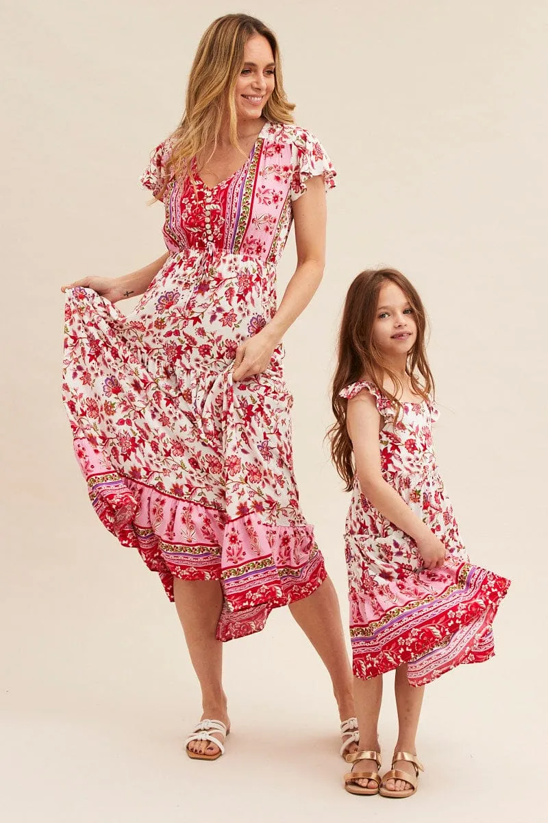 Contemporary Style Comfortable fit Pink Boho Kids Midi Dress Tiered