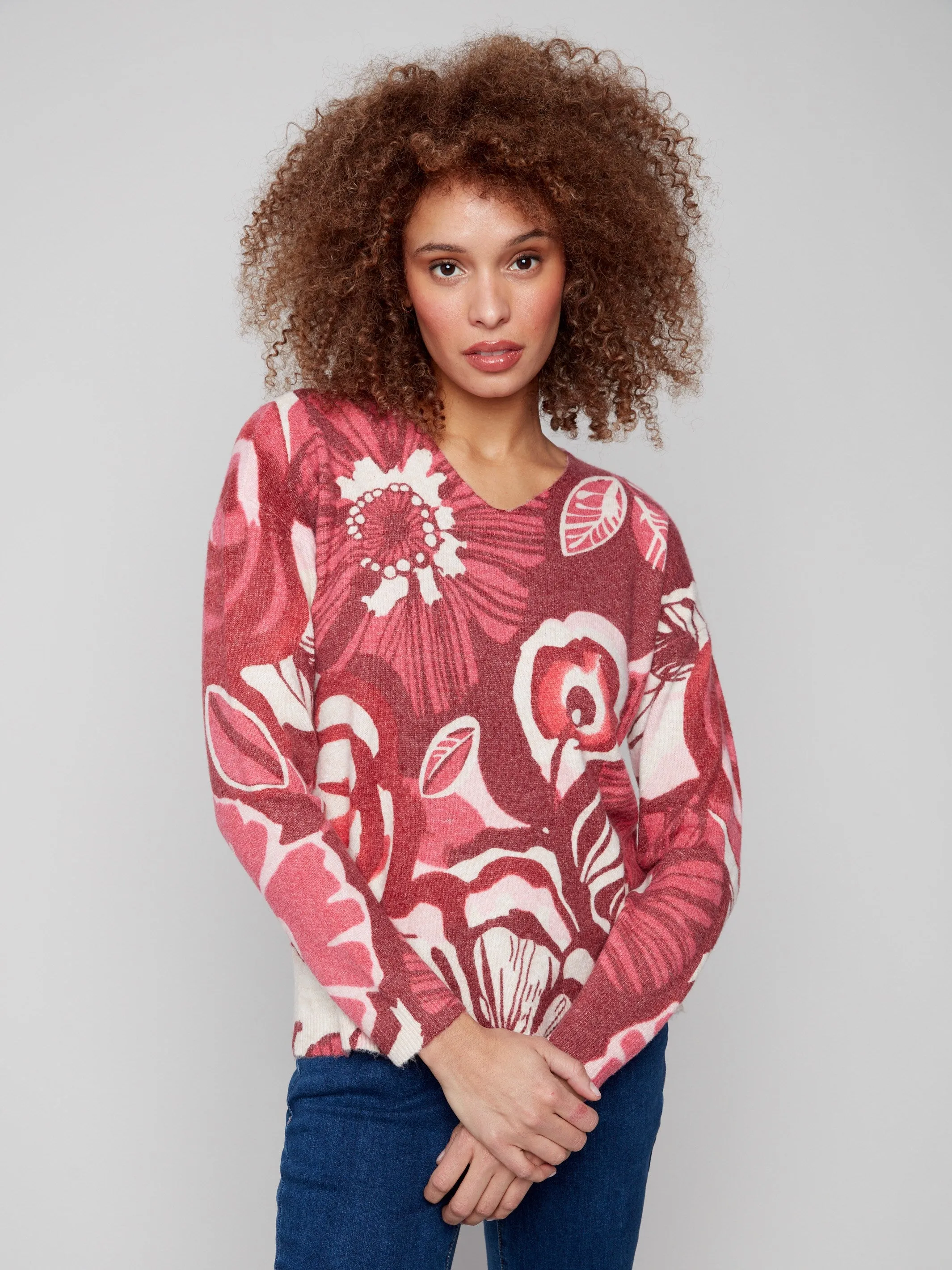 Knitwear Comfort Cozy Apparel Printed Plush Knit V-Neck Sweater - Vibrant