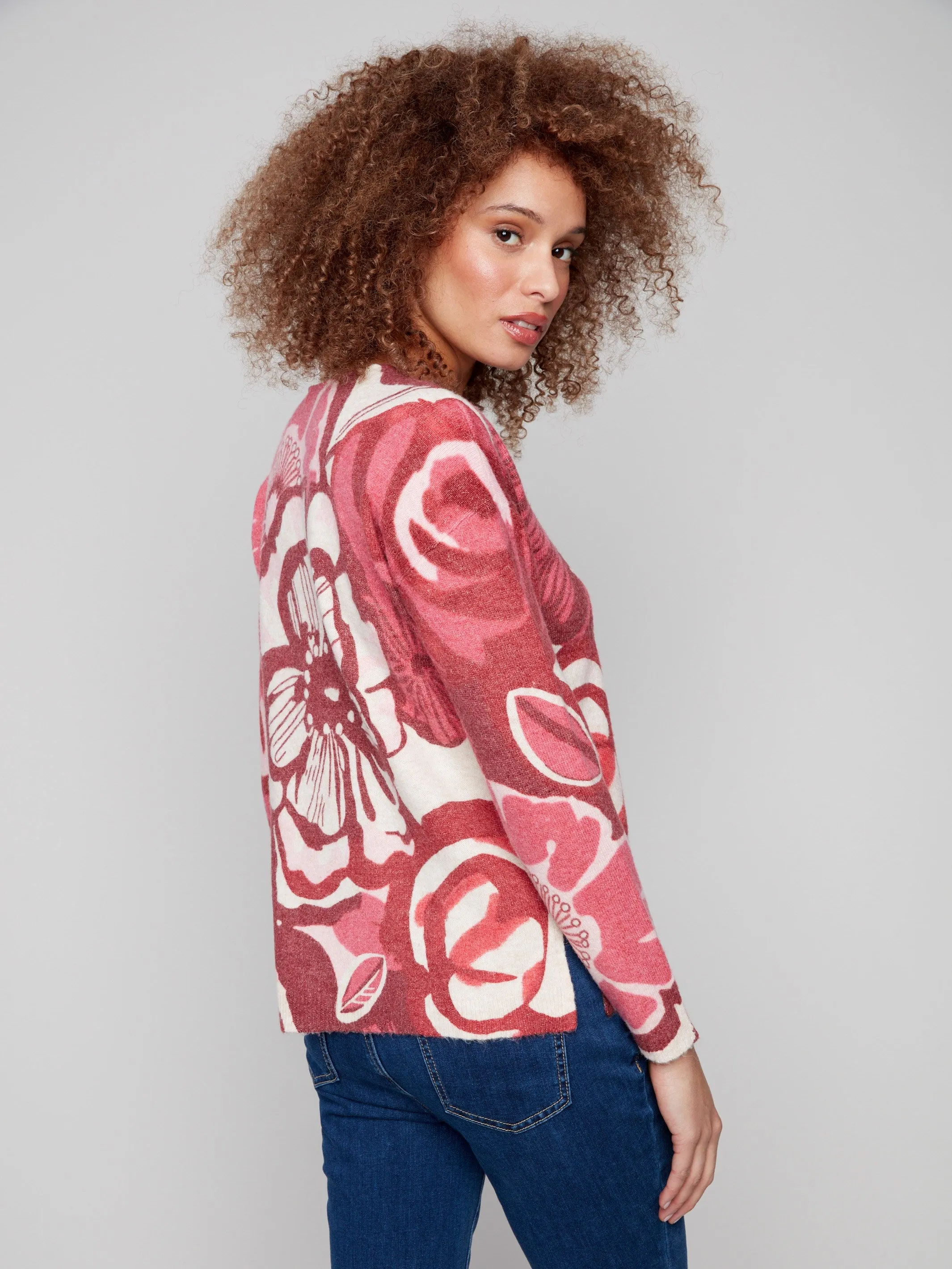 Printed Plush Knit V-Neck Sweater - Vibrant Casual Knit Layer Lightweight Layer
