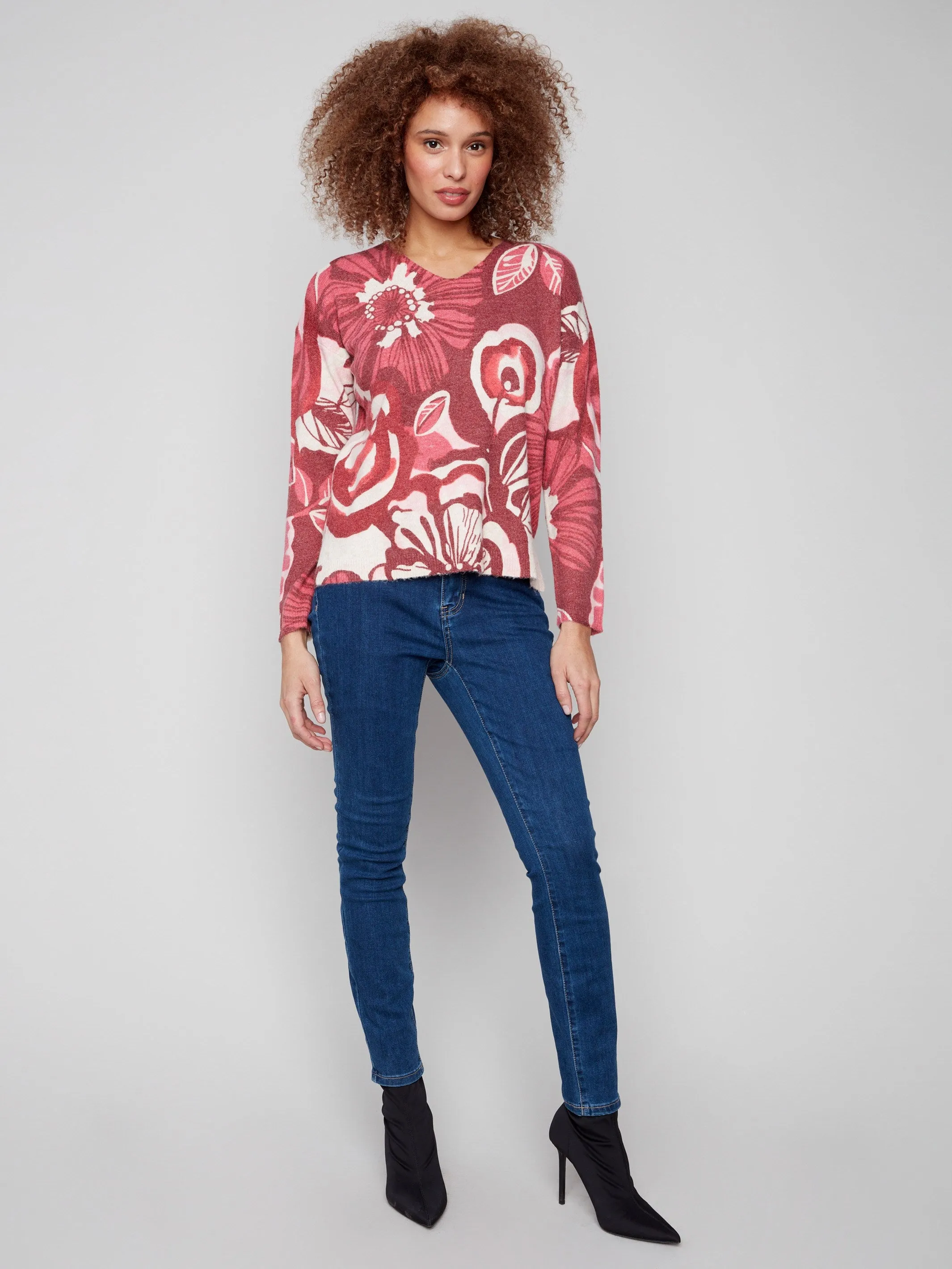 Soft Knit Layer Printed Plush Knit V-Neck Sweater - Vibrant