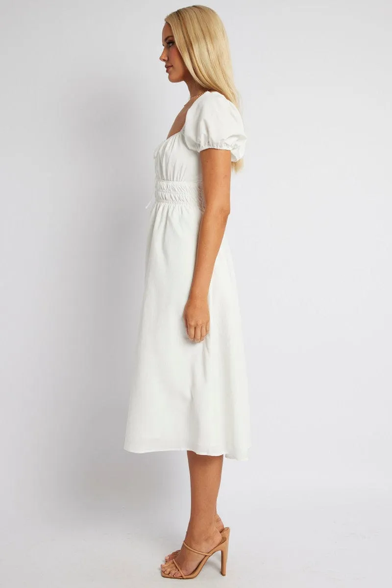 White Midi Dress Short Sleeve Ruched Bust Shell Path