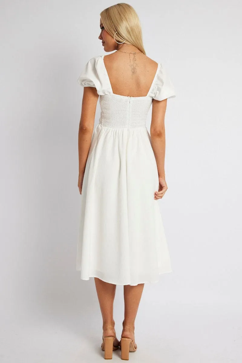 Wardrobe Staple White Midi Dress Short Sleeve Ruched Bust