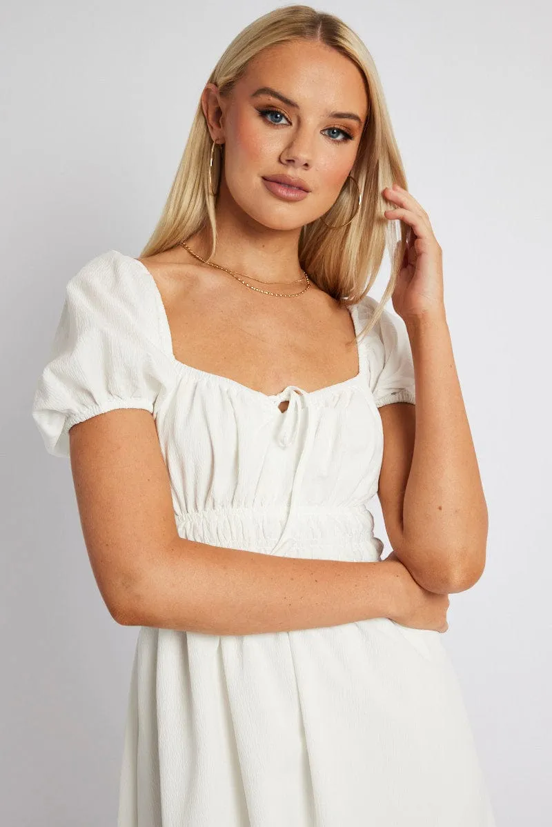 Casual Elegance White Midi Dress Short Sleeve Ruched Bust