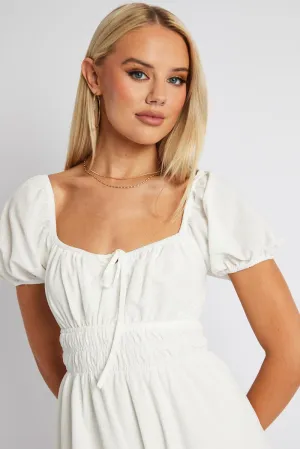 White Midi Dress Short Sleeve Ruched Bust Easygoing Outfit