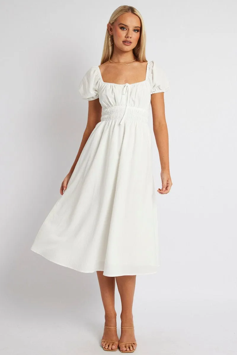 White Midi Dress Short Sleeve Ruched Bust Modern Wardrobe