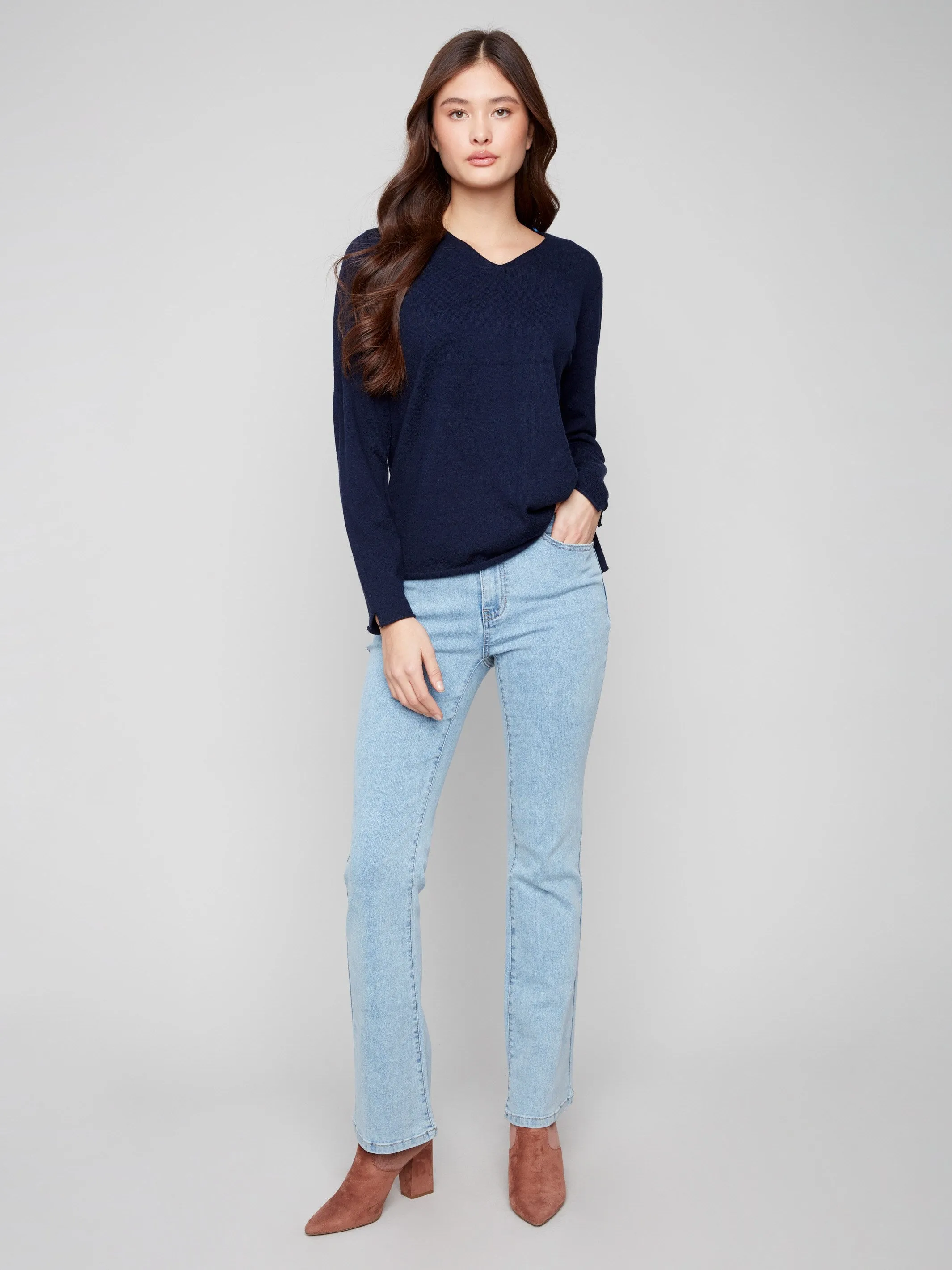 Basic V-Neck Sweater - Navy Multipanel Construction Timeless Cozy