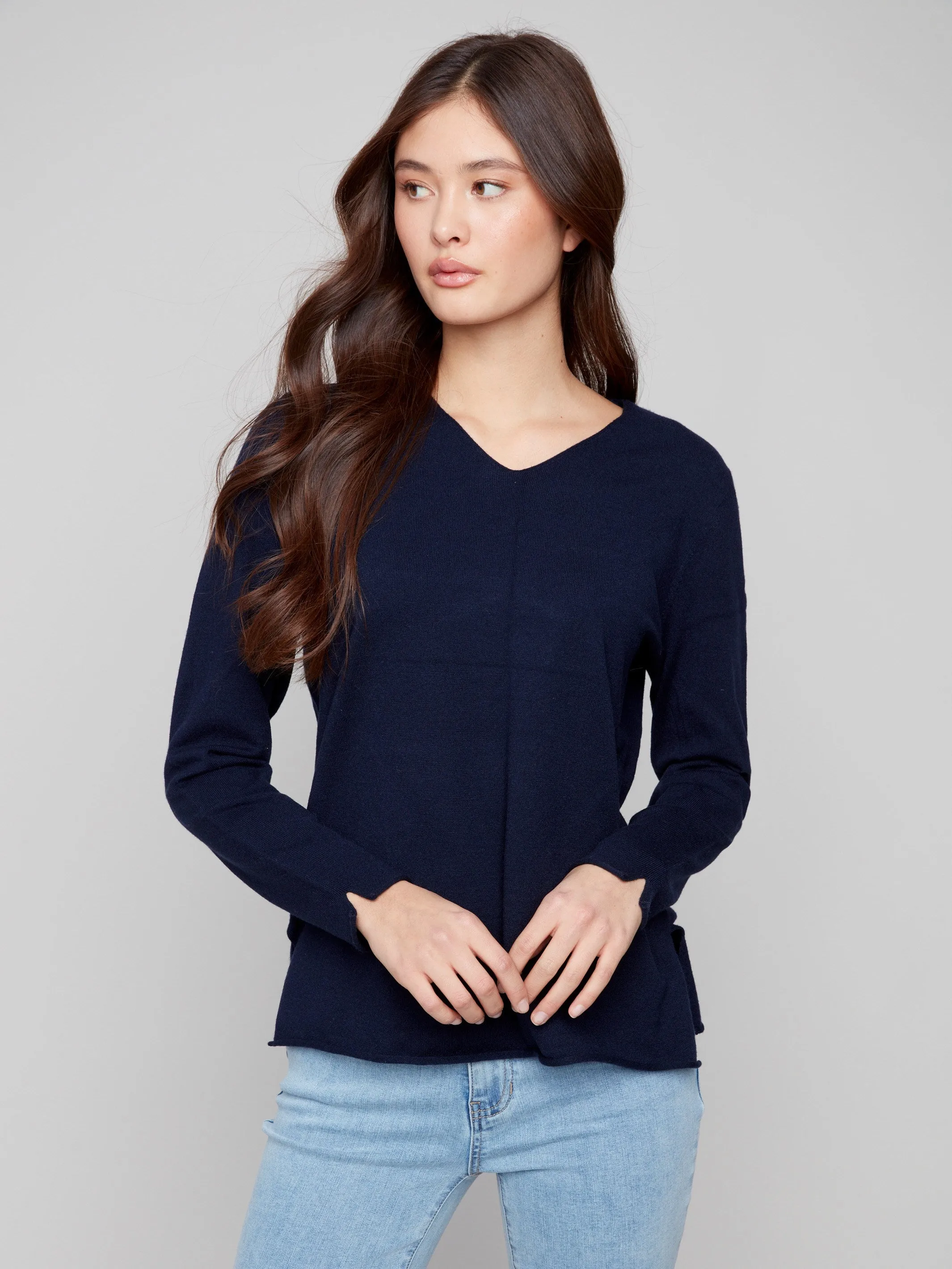 Winter Comfort Layer Bias Cut Hem Details Basic V-Neck Sweater - Navy