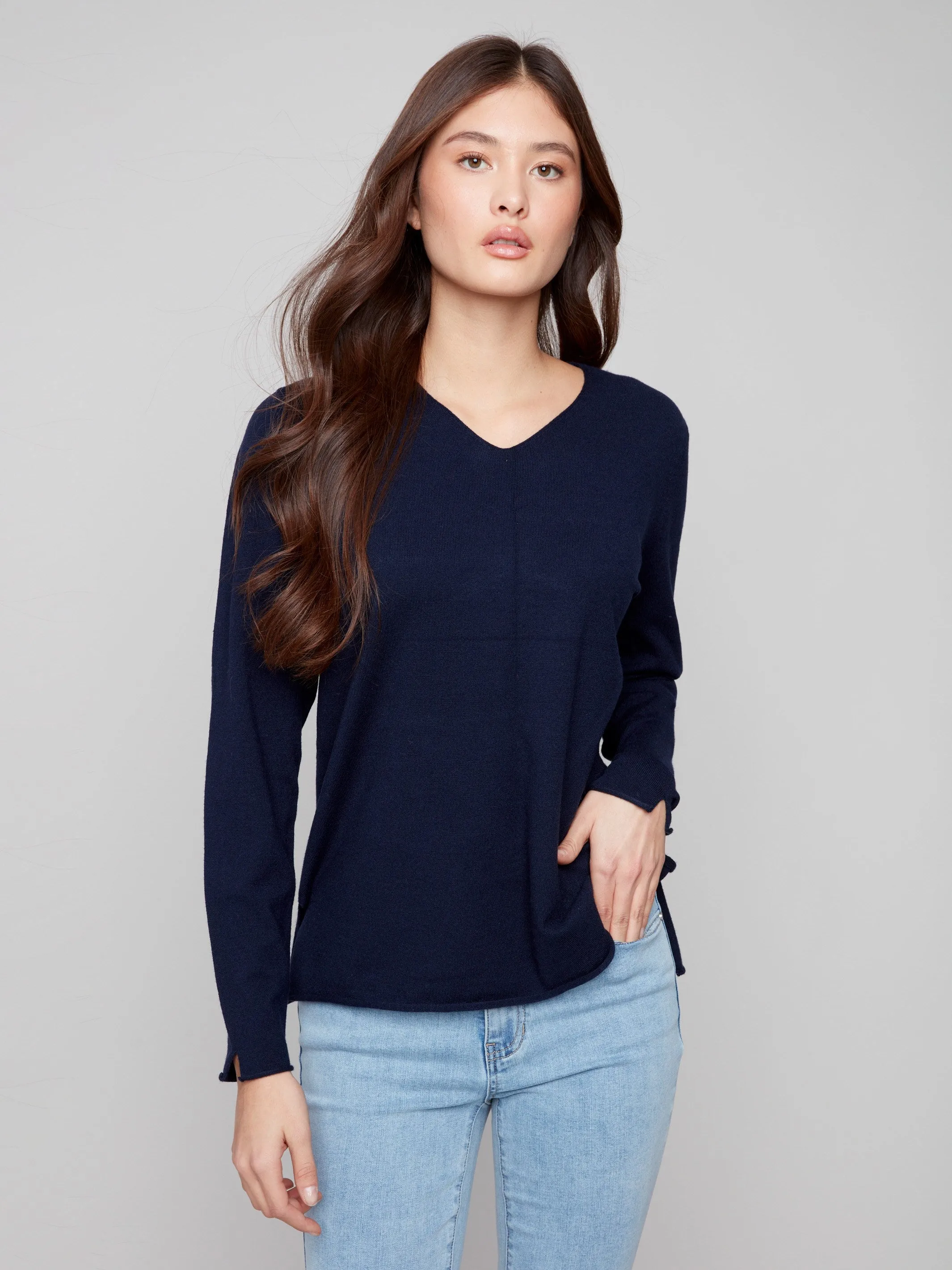 Basic V-Neck Sweater - Navy fuzzy texture Casual Fashion