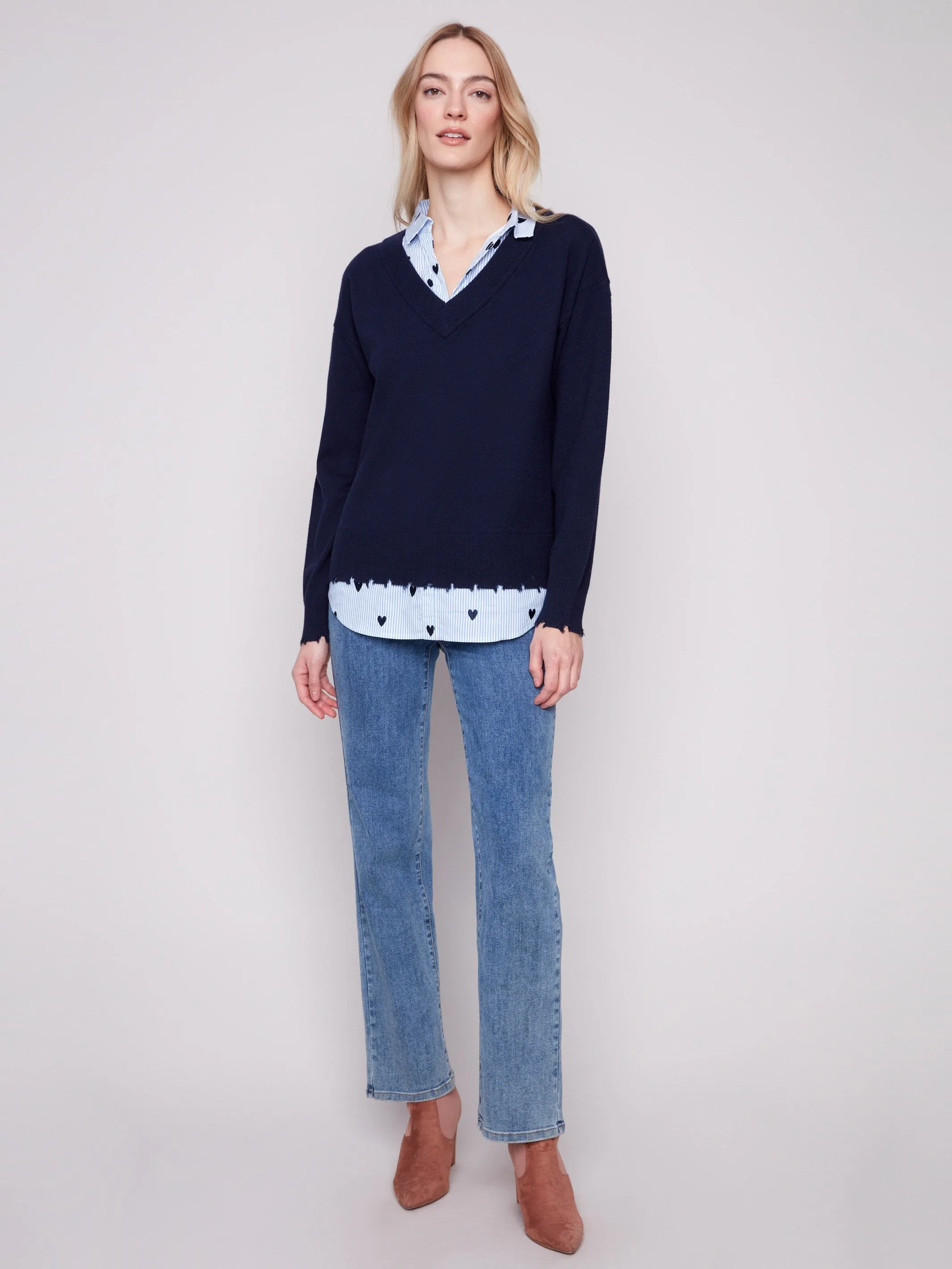 V-Neck Fooler Sweater With Embroidered Shirt Collar - Navy Multi Layer Insulation
