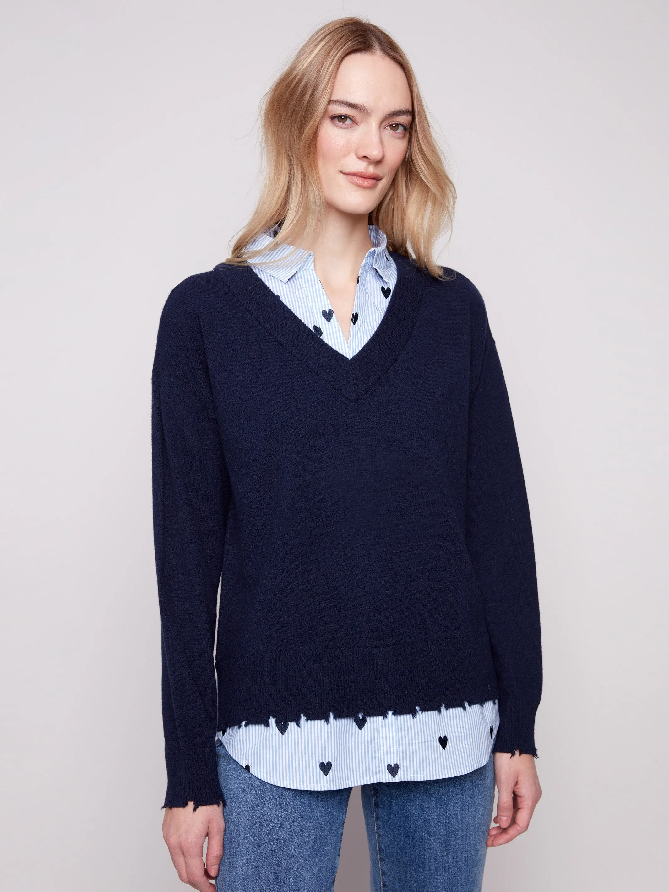 V-Neck Fooler Sweater With Embroidered Shirt Collar - Navy Cozy Designs
