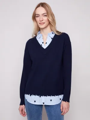 Light Reflective Trim Layering Options V-Neck Fooler Sweater With Embroidered Shirt Collar - Navy