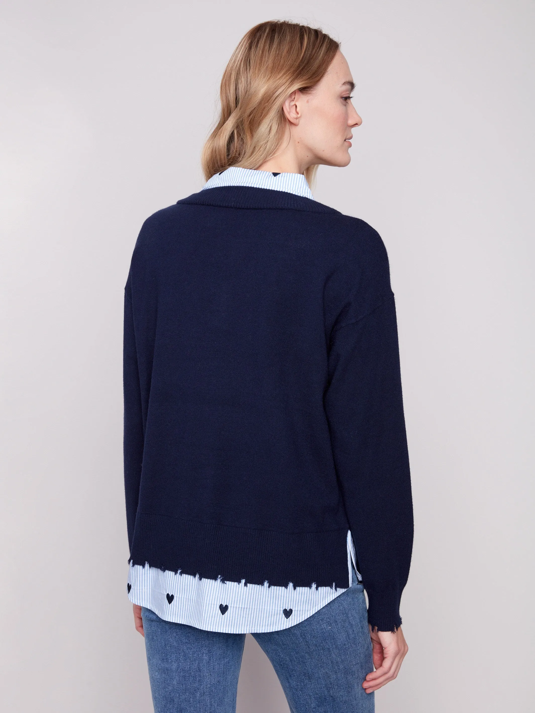 Basic Layer Cozy Layered Wear V-Neck Fooler Sweater With Embroidered Shirt Collar - Navy