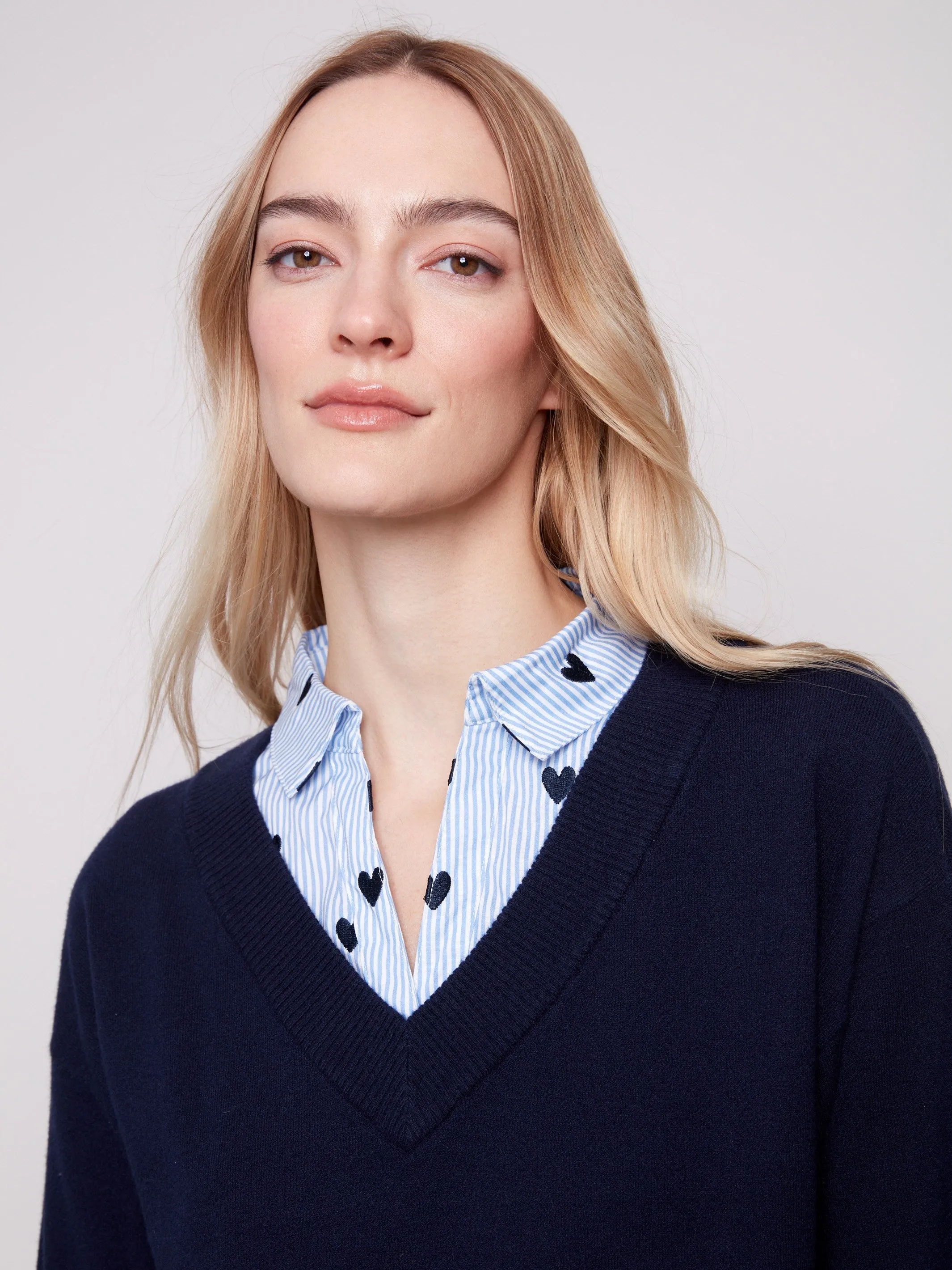 Knit Perfection V-Neck Fooler Sweater With Embroidered Shirt Collar - Navy