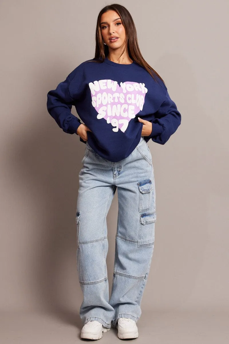 Youthful Vibe Floral Print Blue Graphic Sweat Long Sleeve