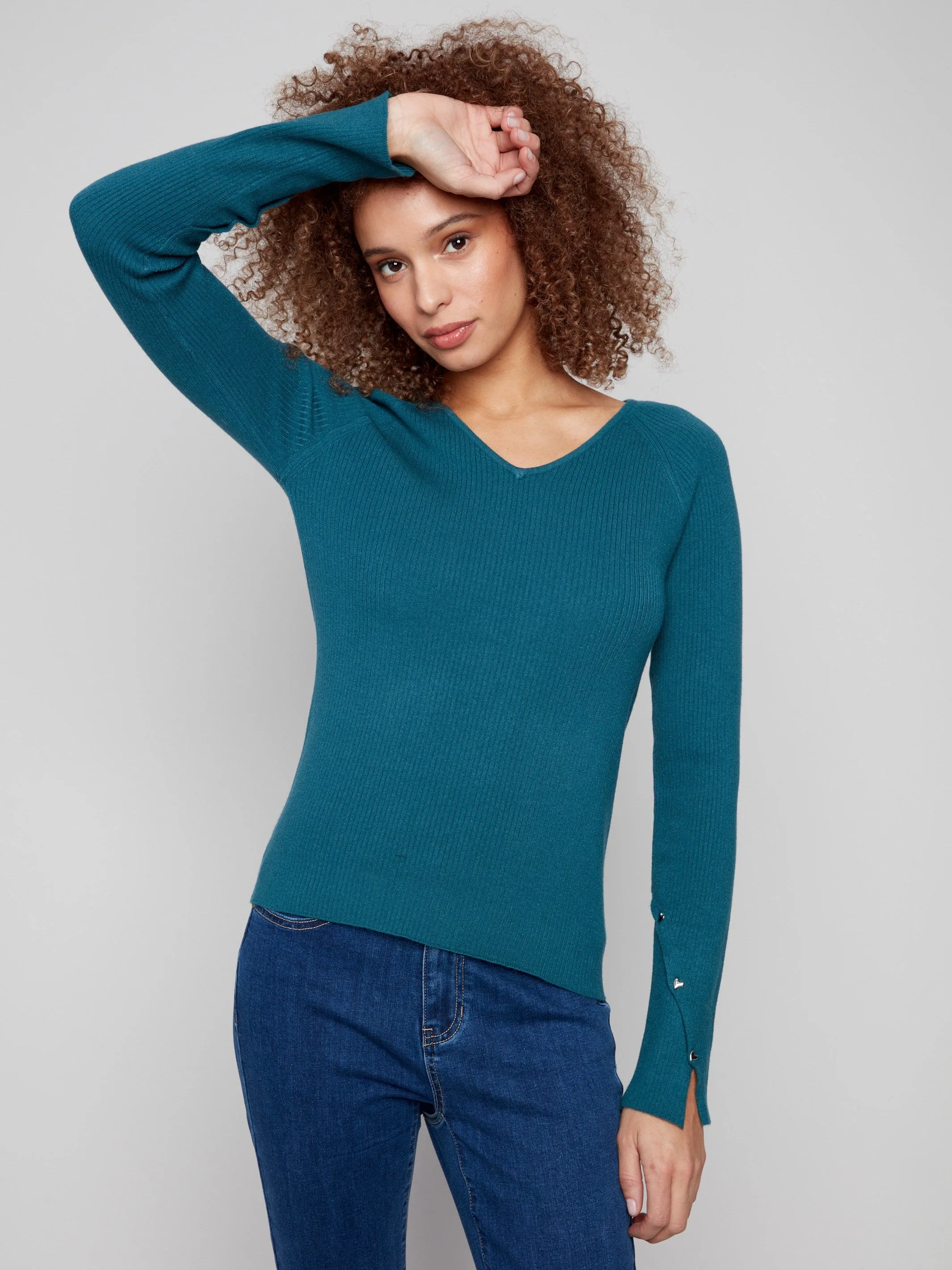 Ribbed V-Neck Sweater With Heart Rivets - Evergreen Cozy Essential Comfortable Layer