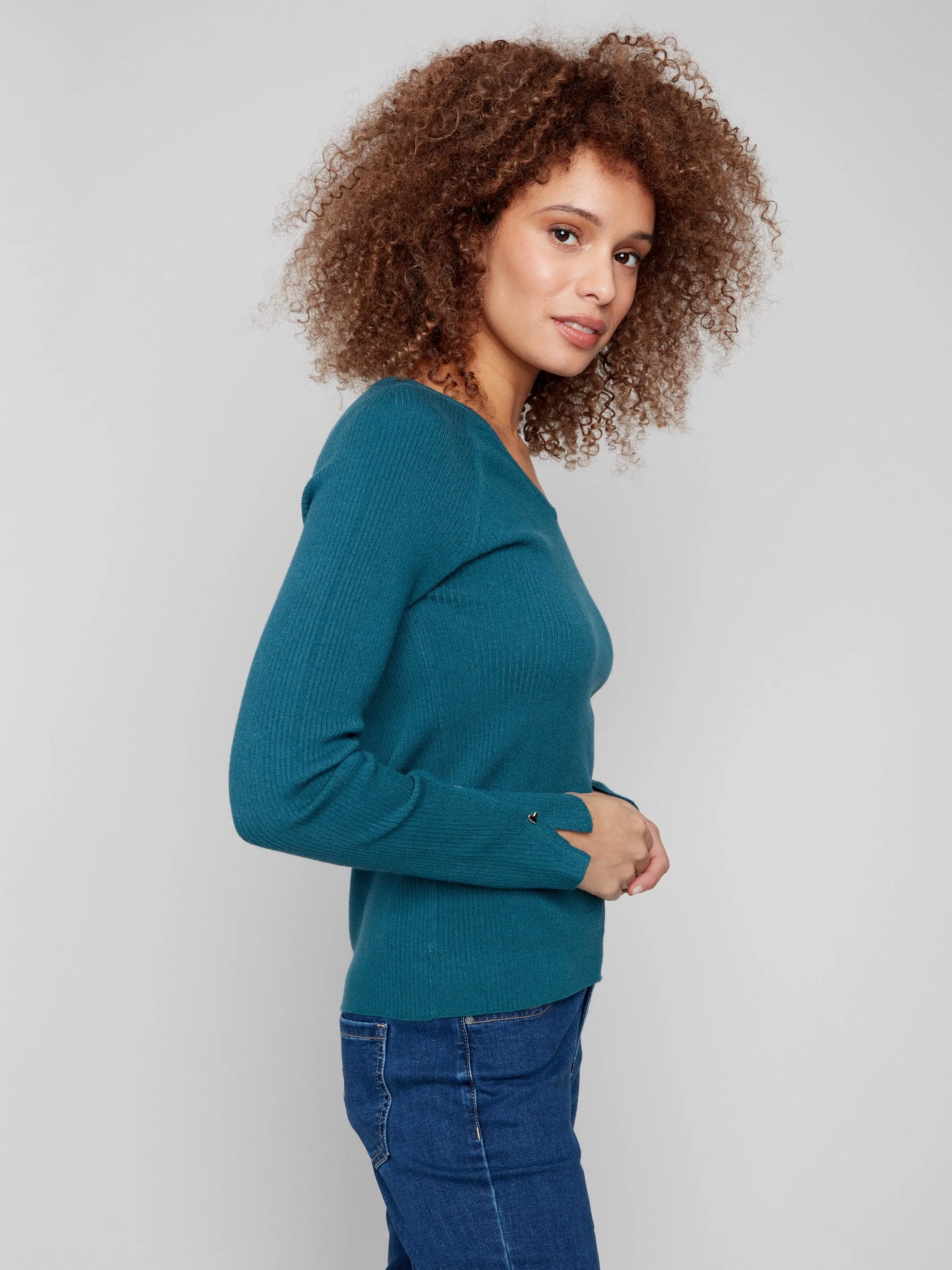 Ribbed V-Neck Sweater With Heart Rivets - Evergreen Recycled Fiber