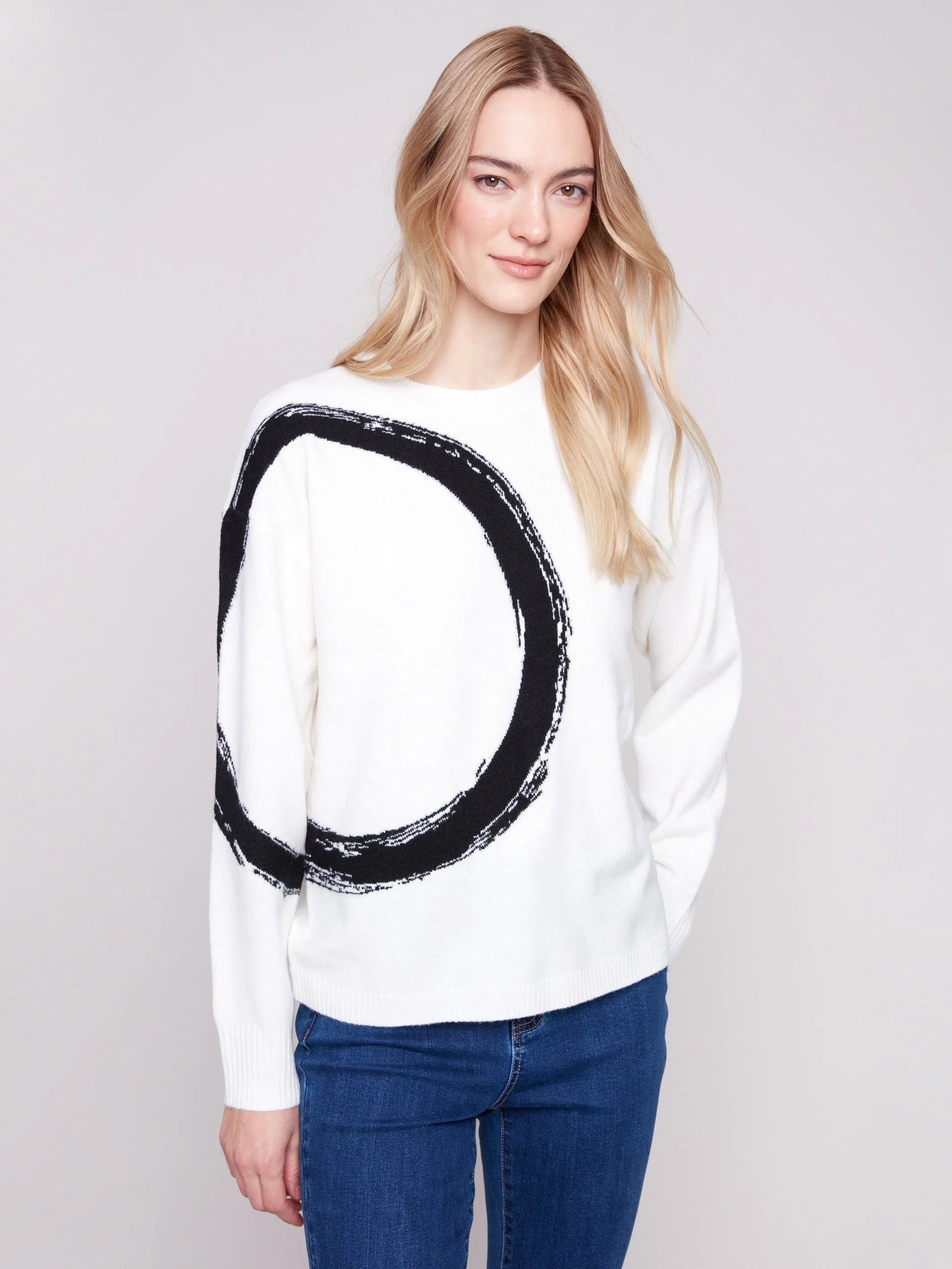 Placed Jacquard Crew Neck Sweater - Ecru Fashion Knit Layer
