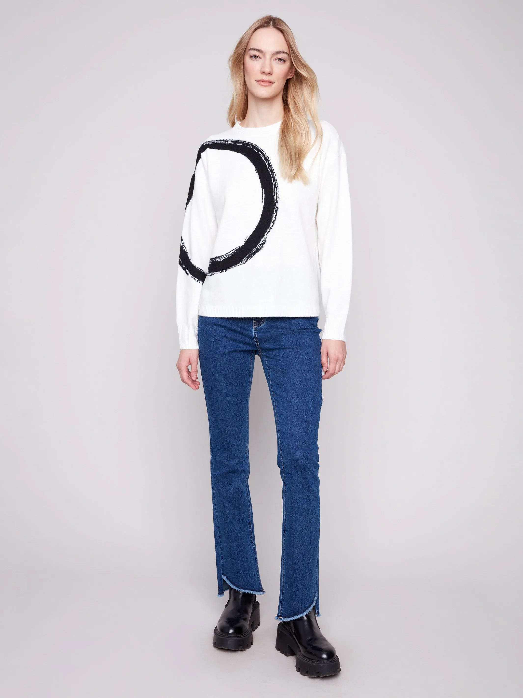 Chilly Layer Light Warmth Placed Jacquard Crew Neck Sweater - Ecru